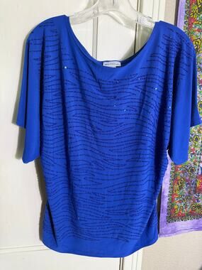 Bleecker & McDougal Blue Beaded Top Cobalt Stretch Short Sleeve Blouse - Large